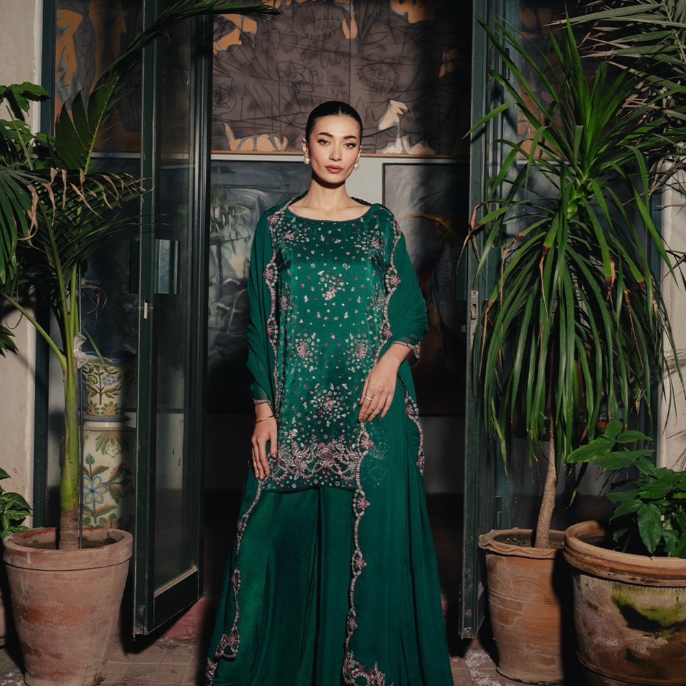 Pakistani/indian Elegant Green Embroidered Dress - Picture 2 of 6